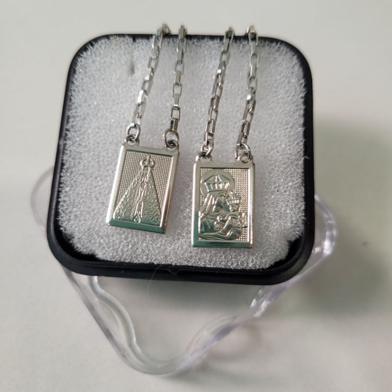 Detalhes do colar escapulário em aço 100% inoxidável inox prata 70cm unisex Jesus/ Aparecida/ Carmo
