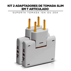 Kit 2 Adaptador Tomada T Benjamim Slim Articulado Dobrável 10A 20A 3 Entradas Bivolt Plugue Novo Padrão 3 em 1