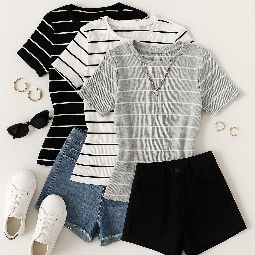 Kit 3 Blusa Feminina Ribana Listrada e lisa Básica Bicolor Tendencia verão 2024. Blusa Baby Look em Oferta na Shopee