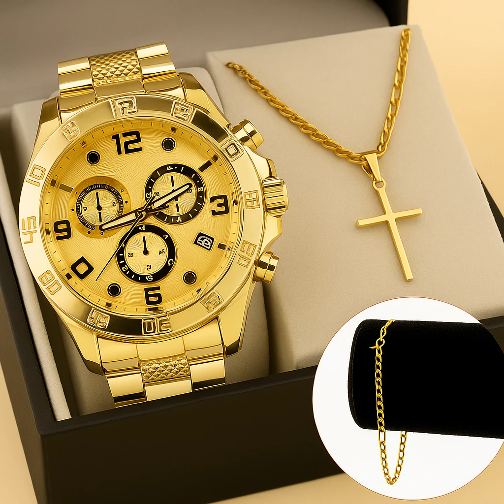 Kit Relógio + Corrente Pingente Cruz + Pulseira Masculina em Aço Inox – Prata ou Dourado — imagem 1