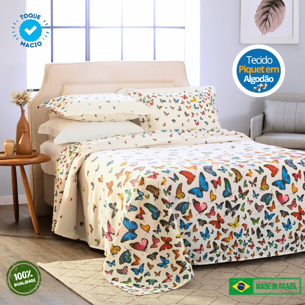 Colcha Cobre Leito Cama Kit 3 Peças Borboletas Tecido Piquet Estampado Toque Macio