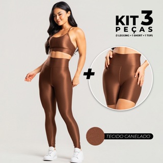 Kit 3 peças fitness feminino – conjunto academia com legging, short e top em malha trilobal canelada brilhosa em Oferta na Shopee