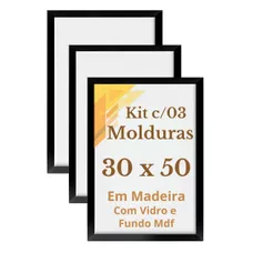 Kit 3 Quadros 30x50 C/ Vidro Moldura 50x30 Para Foto Imagem Decorativa