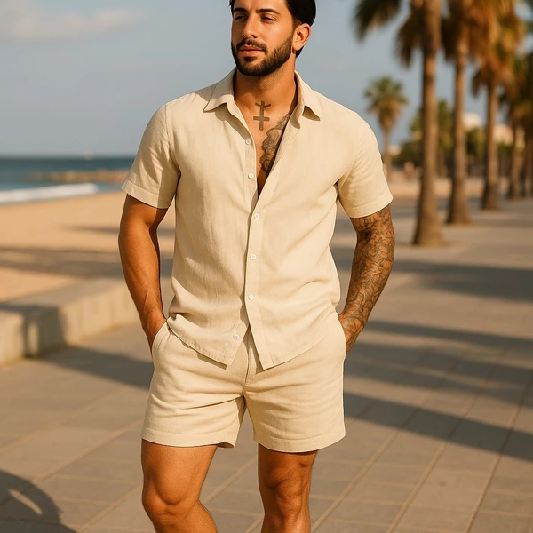 Conjunto Masculino Linho Social Camisa Bermuda Linho