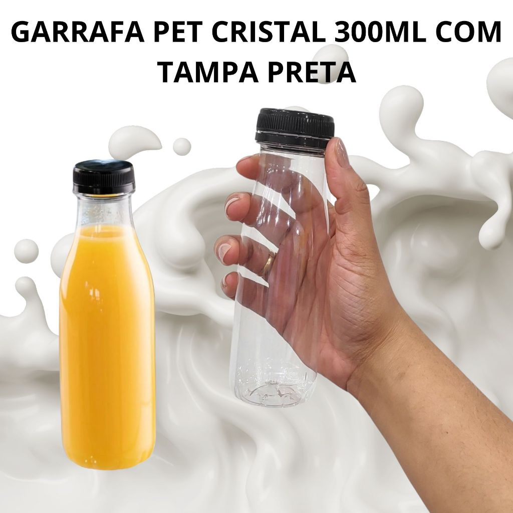 GARRAFA PET COM TAMPA PRETA ROSQUEAVEL 300ML PARA SUCOS, BEBIDAS, ACHOCOLATADO 10 UNIDADES