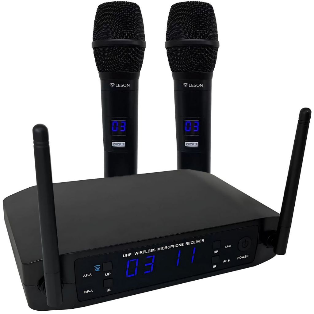 Microfone Sem Fio Duplo Leson Ls916 Base Profissional Multicanais Longo Alcance Karaokê Igreja Evento Show