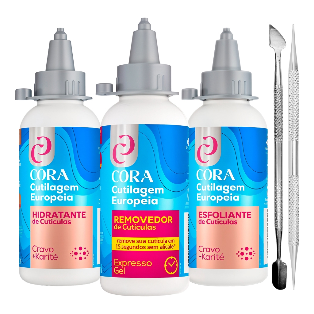 Kit Removedor De Cutículas + Esfoliante + Hidratante Cora + Espátula & Palito Duplo Bella Inox