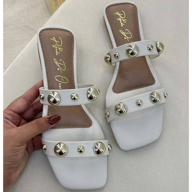 Sandália Rasteira Feminina Aplique Esfera Metalizada Conforto Luxo Lançamento (Ref 1010) em Oferta na Shopee