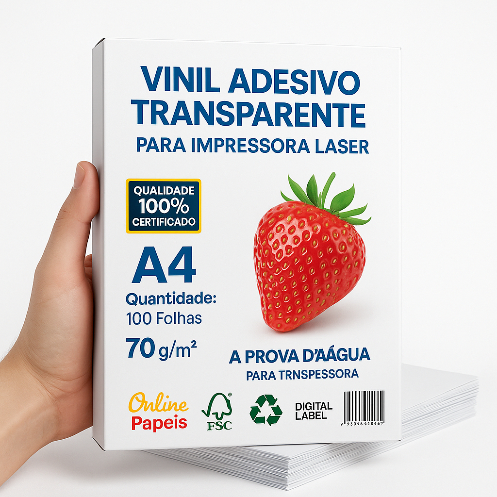 100 Folhas Vinil Adesivo Transparente A4 70g – Impressora Laser Profissional