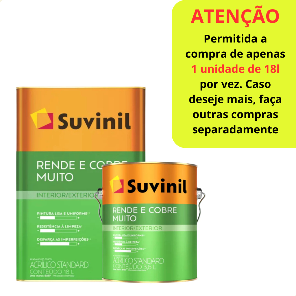 Tinta Rende e Cobre Muito 18L e 3,6L Ambientes Internos/Externos Cores Suvinil em Oferta na Shopee