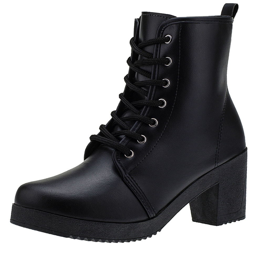 Coturno Feminino Plataforma Salto Bota Cano Curto Militar Tratorada Confortável Moderna Macia Moda - Women Shoes