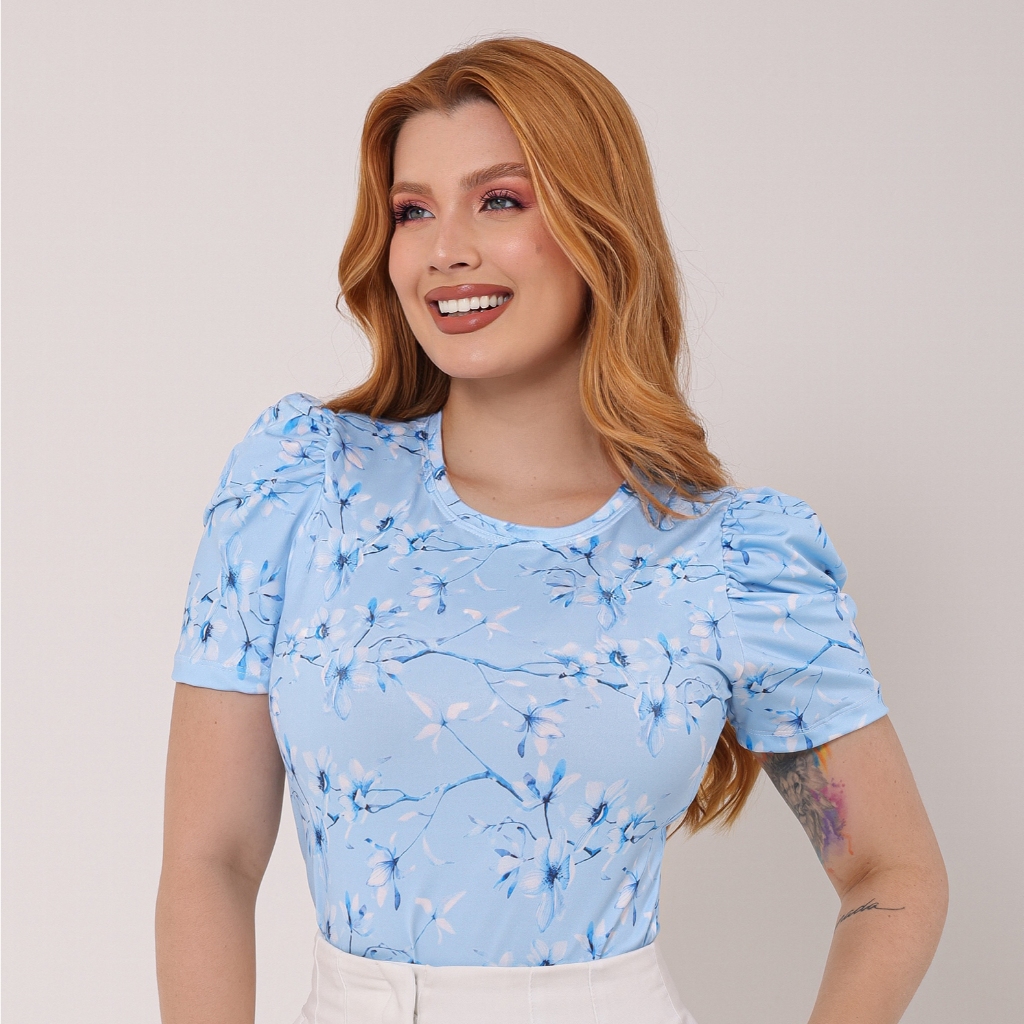 Blusa Feminina Manga Princesa Gola Redonda - Azul Com Flores