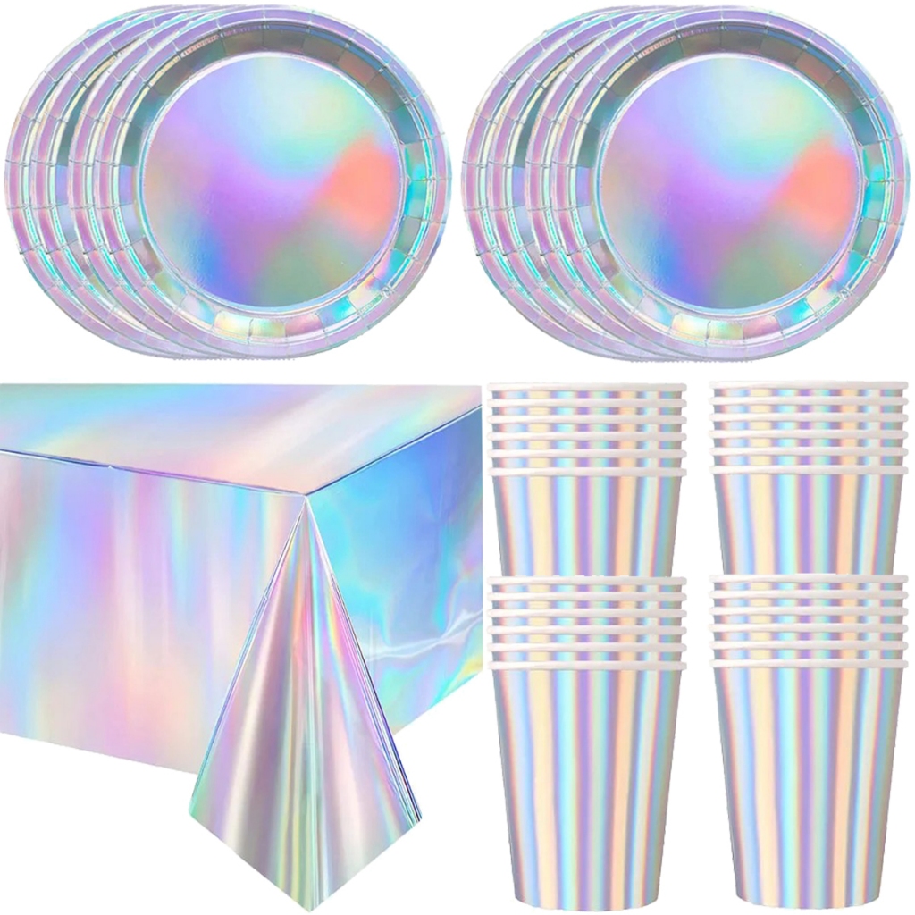 Kit Festa Prato Copo Toalha Mesa Furta Cor Laser Nacarado Luxo 8un~41un Descartáveis Aniversário