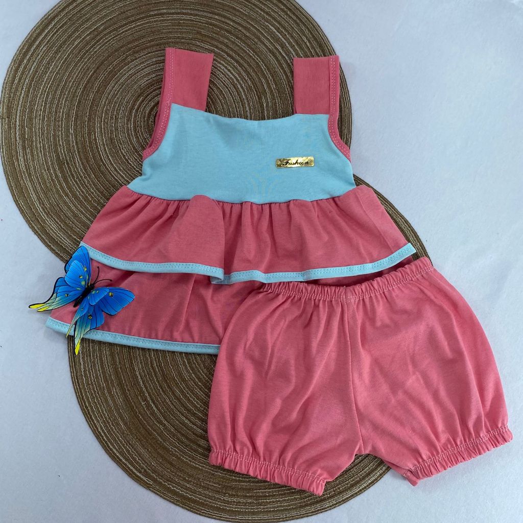 Conjunto Infantil Bebê Menina Verão – Blusinha Azul com Babado  + Short Fofo