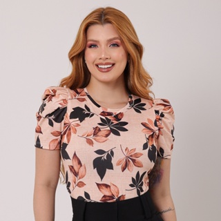 Blusa Feminina Gola Redonda Manga Princesa  - Folhas Pretas Com Marrom em Oferta na Shopee