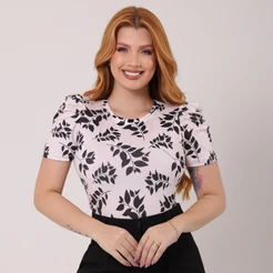 Blusa Feminina Gola Redonda Manga Princesa - Folhas Pretas