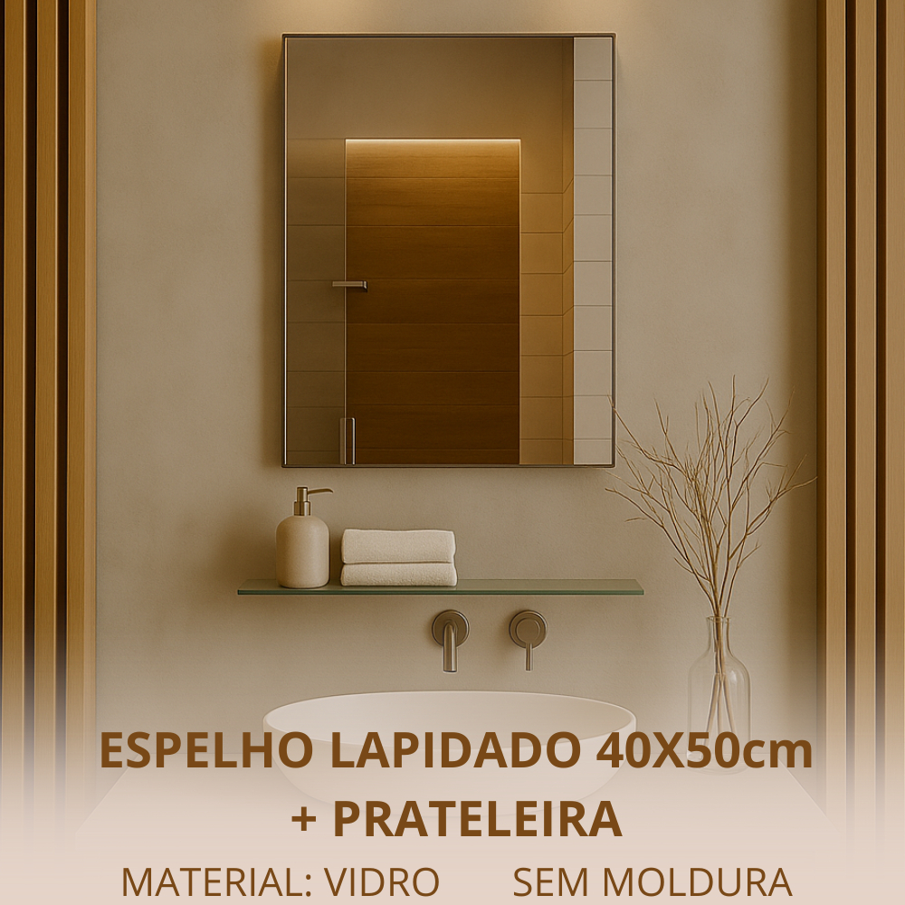 Kit Espelho 40x50 cm + Prateleira de Vidro - Espelho Banheiro / Penteadeira / Barbearia