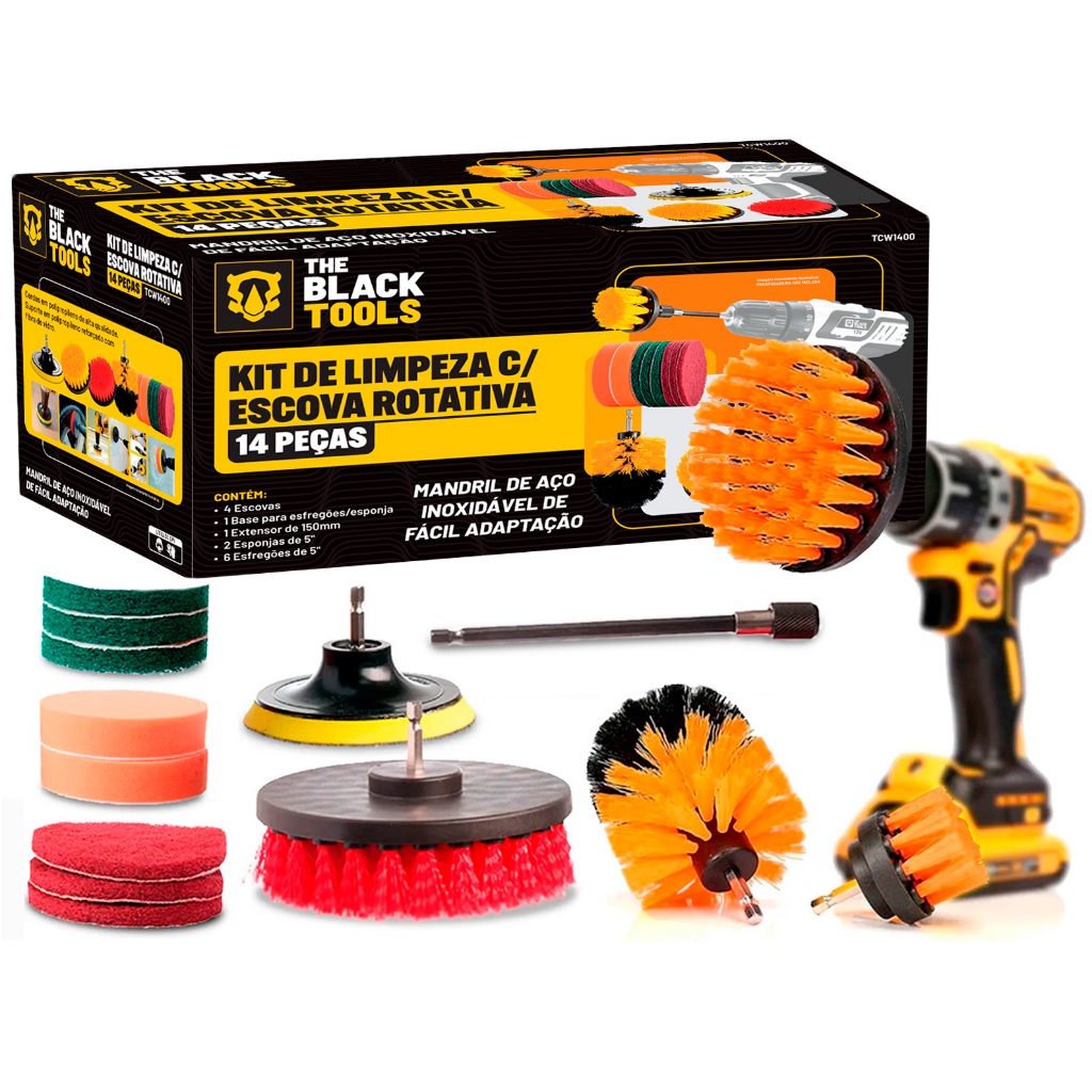 Kit 14 Escovas Rotativas Giratótia para Limpeza Encaixe em Furadeira/Parafusadeira The Black Tools em Oferta na Shopee