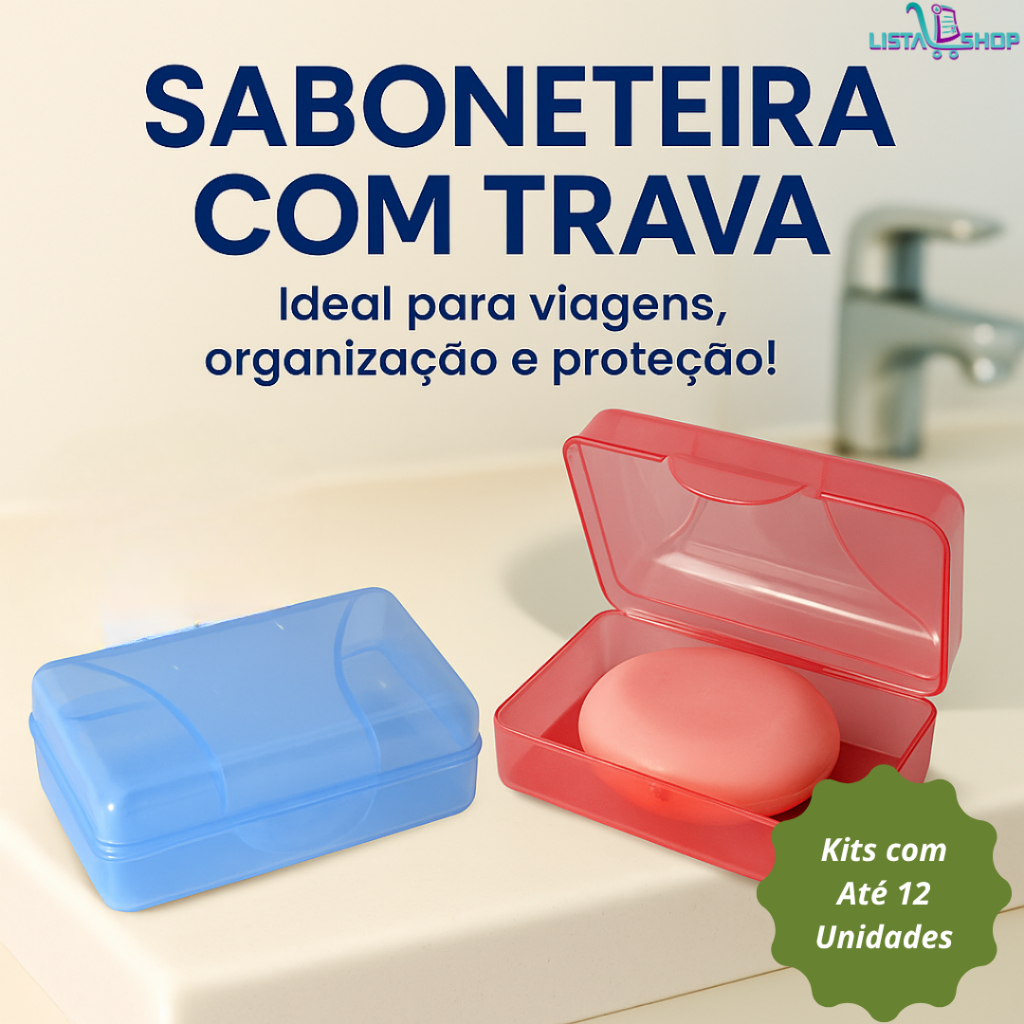 Saboneteira com Trava e Tampa Protetora para Banheiro e Viagens Quadrada Plástico Coloridas Portátil