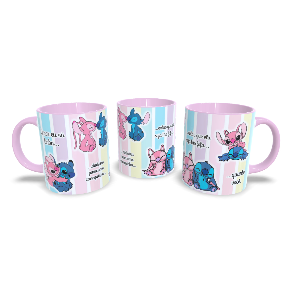 Caneca Cerâmica - Dia dos Namorados Amor Stitch Angel Só tinha dinheiro para uma caneca