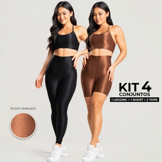 Kit 4 peças fitness feminino canelado brilhoso look academia completo malha trilobal em Oferta na Shopee