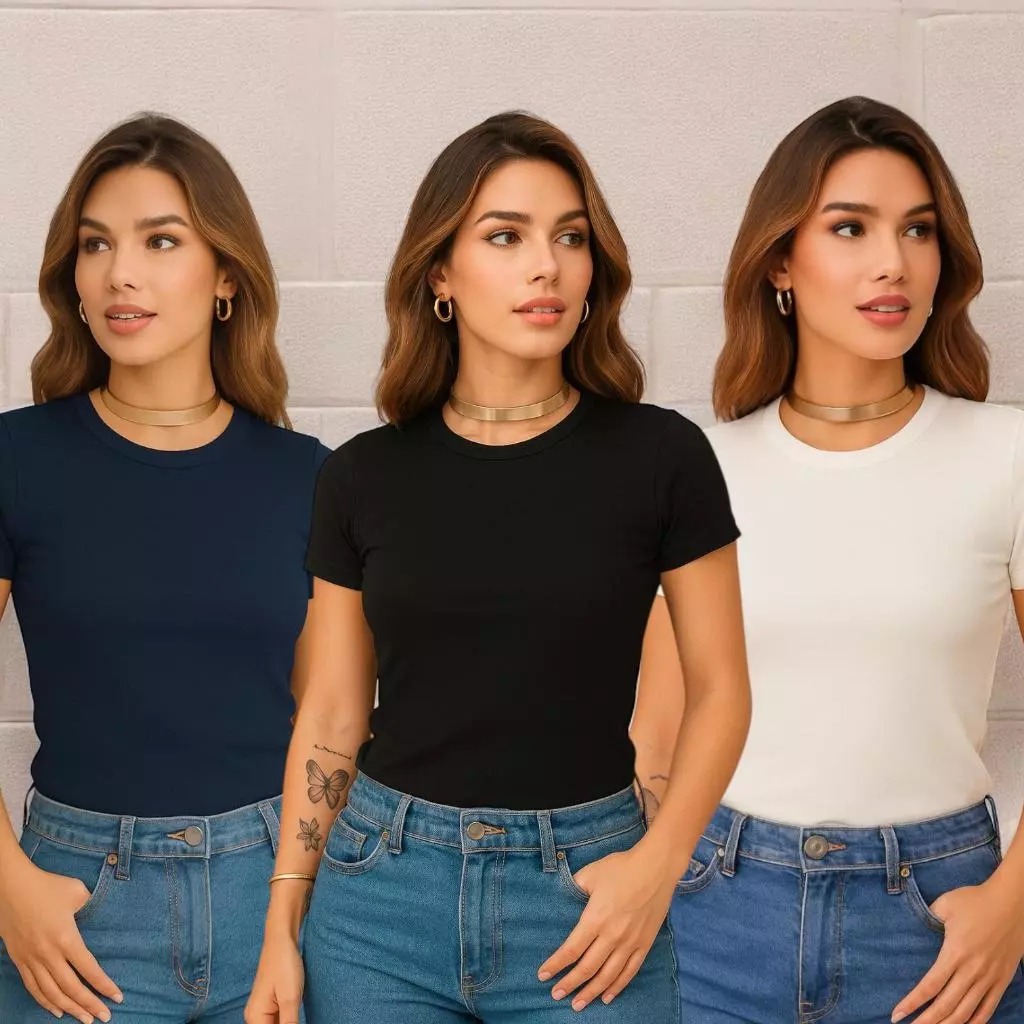 Kit 2 Camisa Feminina Básica Lisa T-shirts Baby Look 100% Algodão Premium em Oferta na Shopee