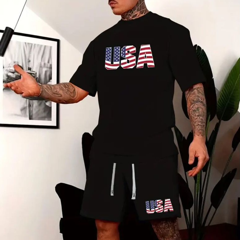 Conjunto Camiseta Básica USA Masculina Feminina Algodão Camisa Unissex StreetWear + Bermuda USA Moletom Masculina