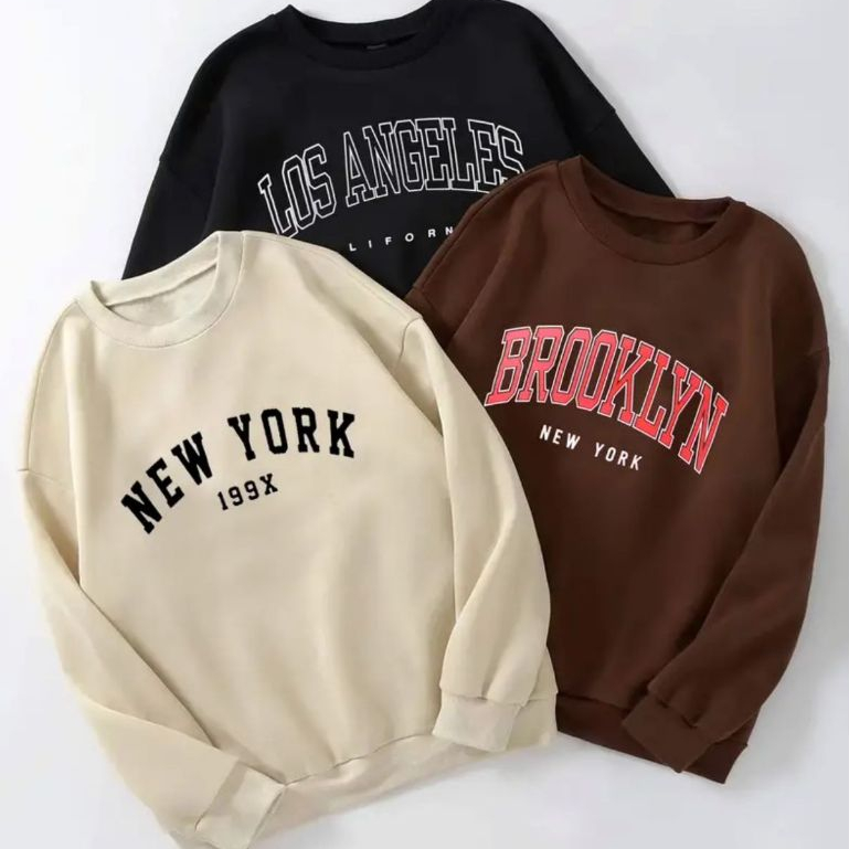 Kit 3 Blusas Moletom Careca New York, Los Angeles & Brooklyn Frio Unissex Masculino e Feminino Gola Redonda
