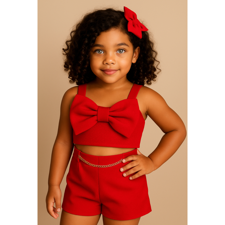 Conjunto infantil meninas Linho shorts e blusa cropped laço conjunto infantil mini diva alfaiataria