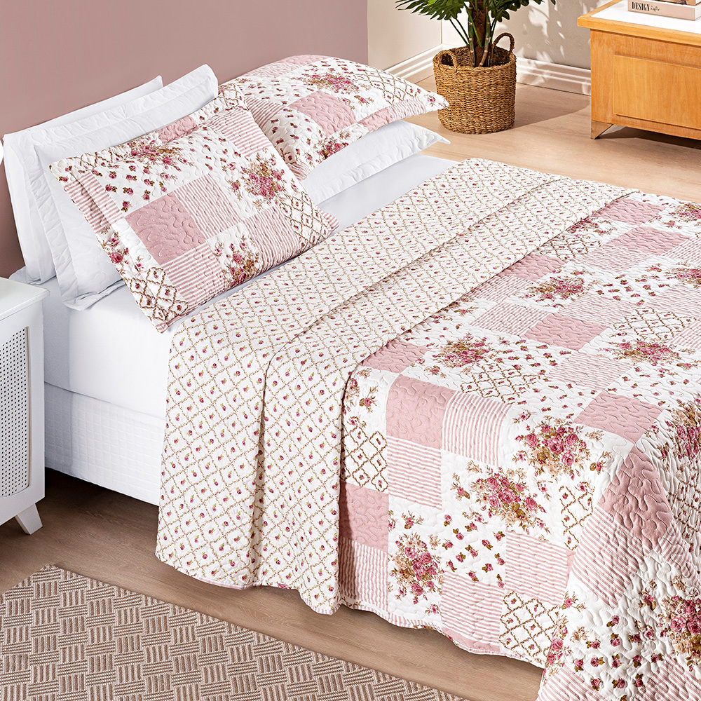 Kit Cobre Leito Colcha QUEEN 3 Peças Bouti Estampada Dupla Face - Porta Travesseiro Aba Americana