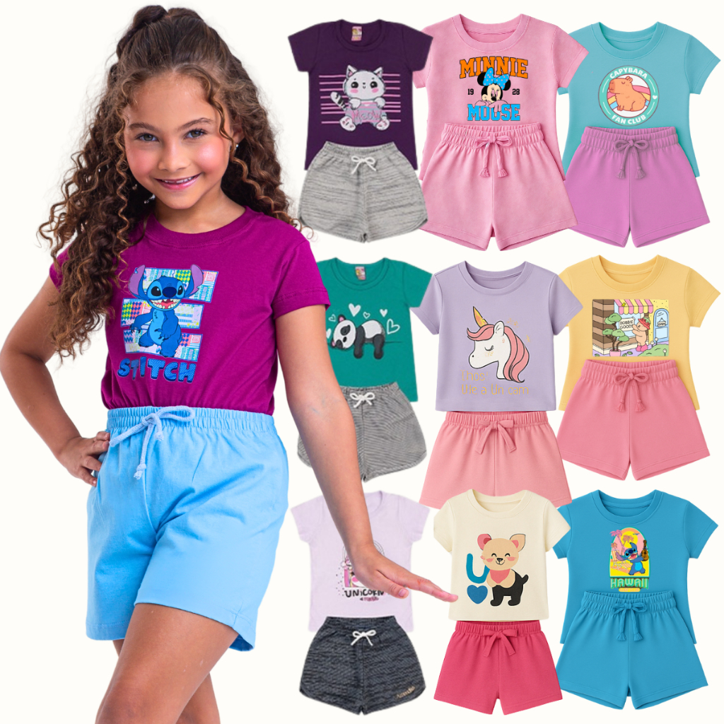 Kit Verão 6 Peças Roupa Infantil Menina 3 Conjunto 2 a 12 Anos infantil Menina Camiseta Bermuda em Oferta na Shopee