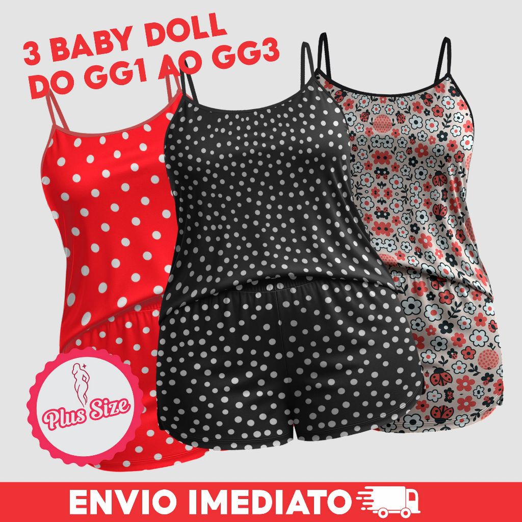 Kit 3 Baby Doll Plus Size GG1 a GG3 | Microfibra Premium | Alça Regulável | Conforto e Estilo! em Oferta na Shopee