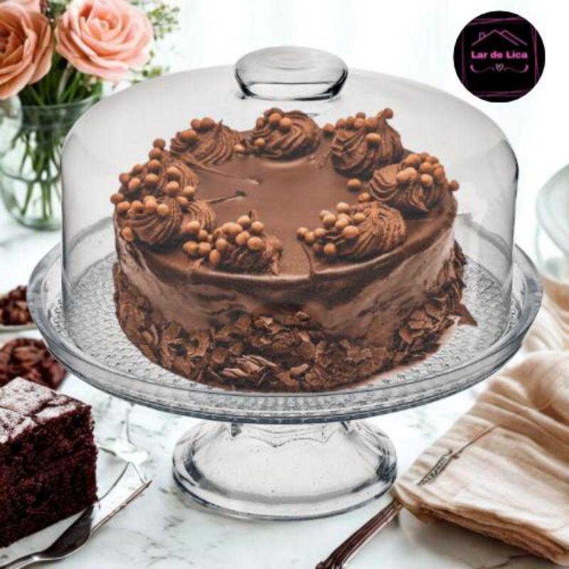 Boleira de Vidro Com Tampa e Pé Vitazza Prato Bolo Sobremesa