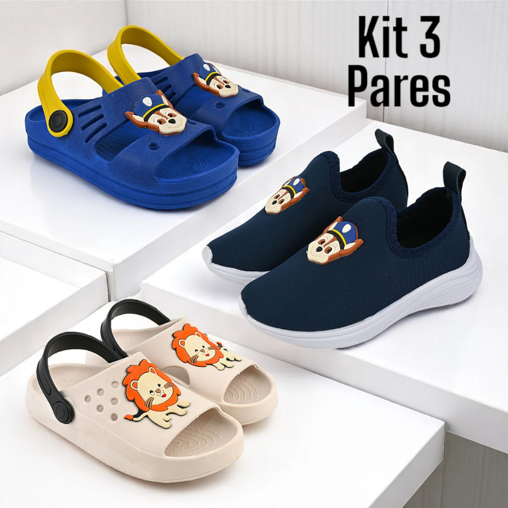 Kit 3 Pares Sandalia Infantil Menino Tenis Confortável e Babuche em Oferta na Shopee