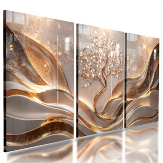 Quadro Decorativos Abstrato Geométrico 3 Peças Árvore Folhas de Ouro Luxuoso Para Sala Escritório em Oferta na Shopee