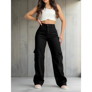 Calça Feminina Pantalona Wide Leg Cargo Preto Black Tendência em Oferta na Shopee