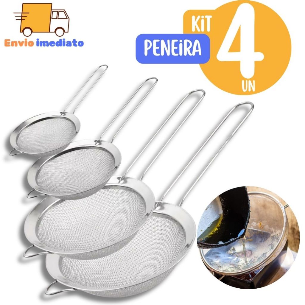 Kit 4 Peneira Coador Funil em Aço Inox Multifuncional  Para Farinhas Alimentos Frutas uso Cozinha 10cm 12cm 14cm 20cm