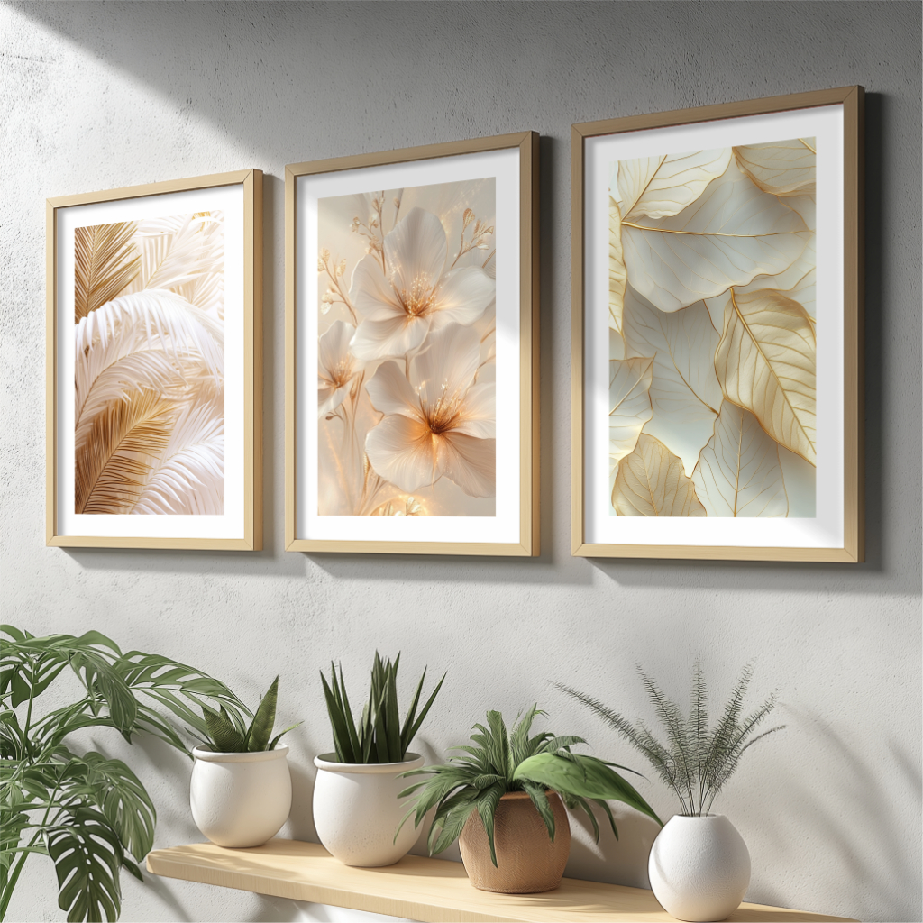 Kit 3 Quadros Decorativos Folhagem Dourada Gold Sala Grande Moderno