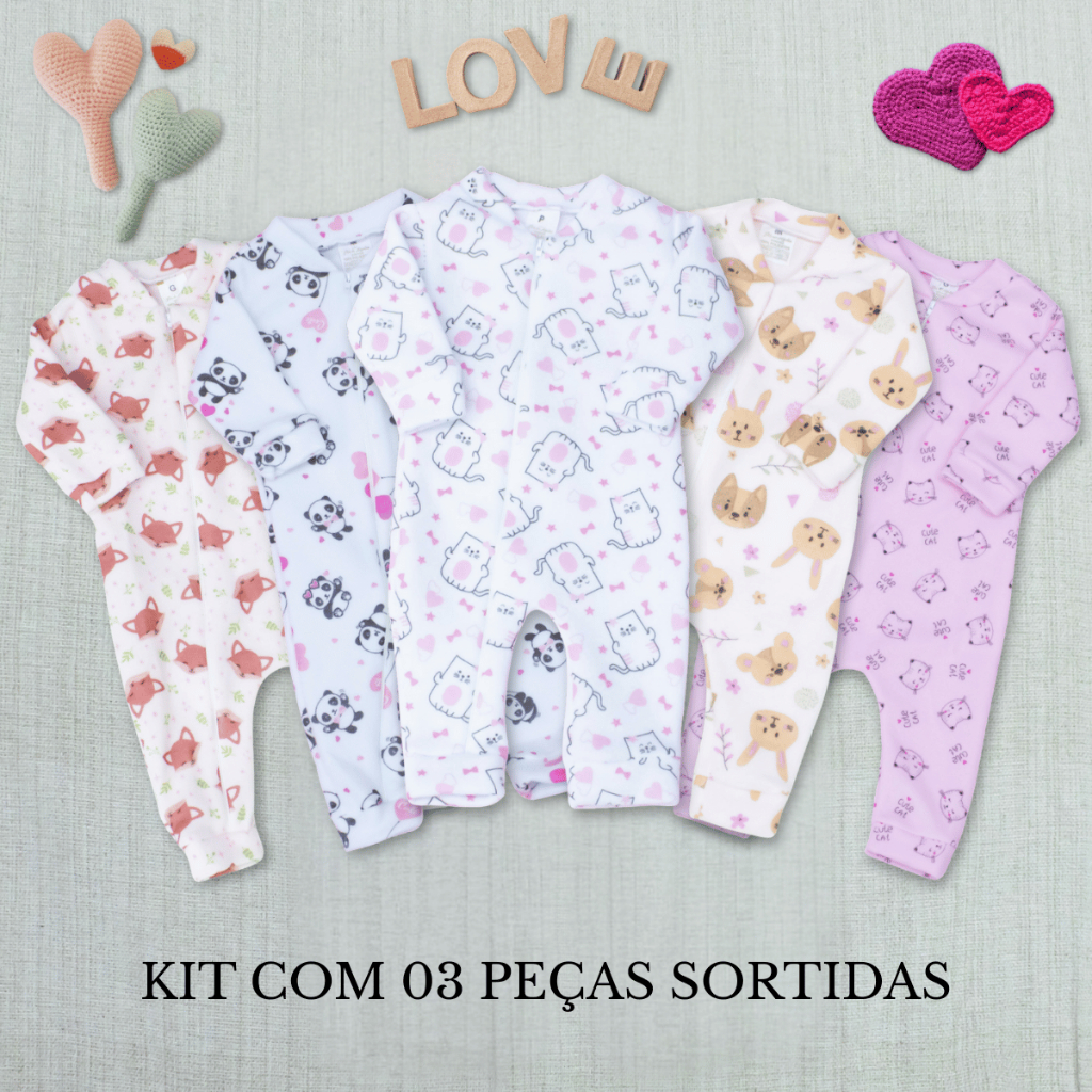 Macacão Soft Bebê Menino e Menina Estampado Sortido 03 peças Tecido Quentinho Ideal Para Inverno