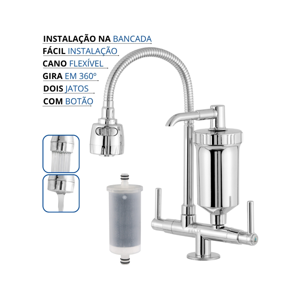 Torneira com Filtro Bancada Gourmet Flexível Bica Móvel Dois Jatos 1/4 de Volta com Botão + Refil