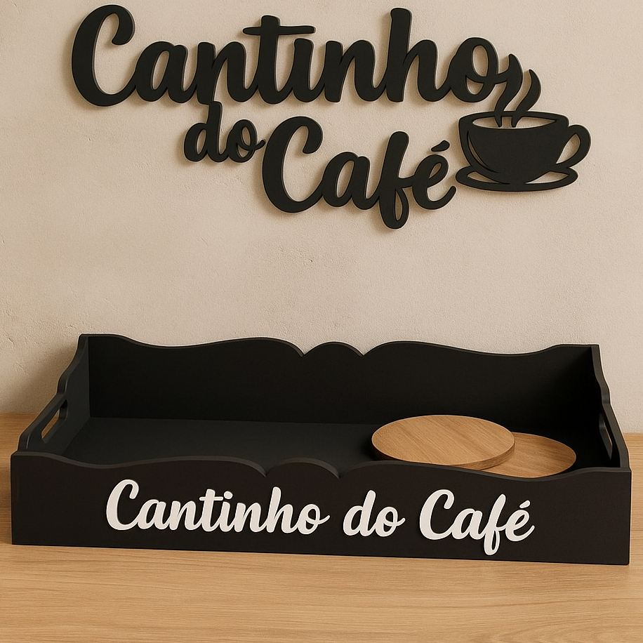Conjunto Bandeja Cantinho do Café + Escrita Decorativa + Porta Xícaras Mesinha Café da Manhã Chá