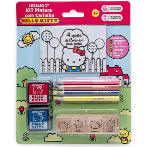 Kit Pintura com Carimbo Hello Kitty - Blister c/ 1 Kit 4 Lápis de Cor + 1 Bloco + 4 Carimbos + 2 Almofadas de Tinta Leo& em Oferta na Shopee