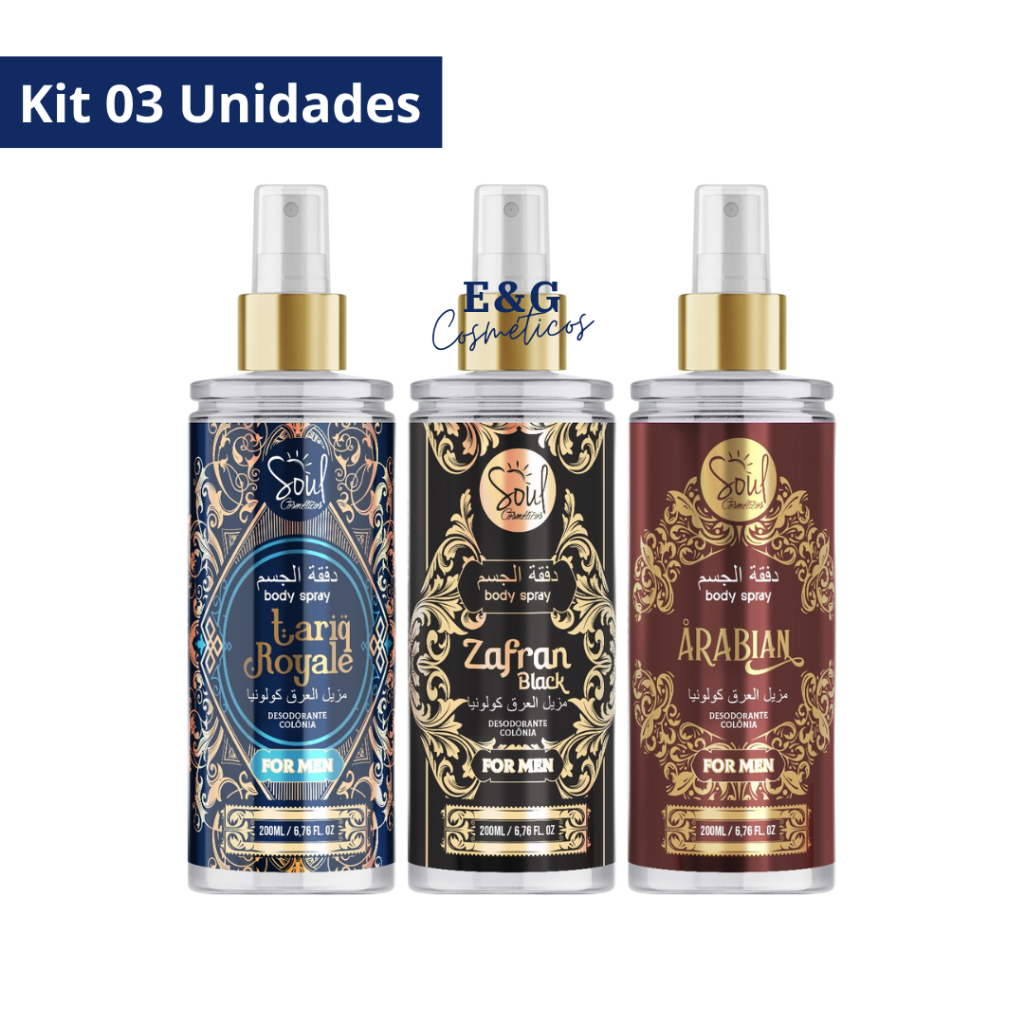 Kit 03 Body Splash  Árabe Masculino - Tariq Royale - Zafran - Arabian Soul Cosméticos 200ml em Oferta na Shopee