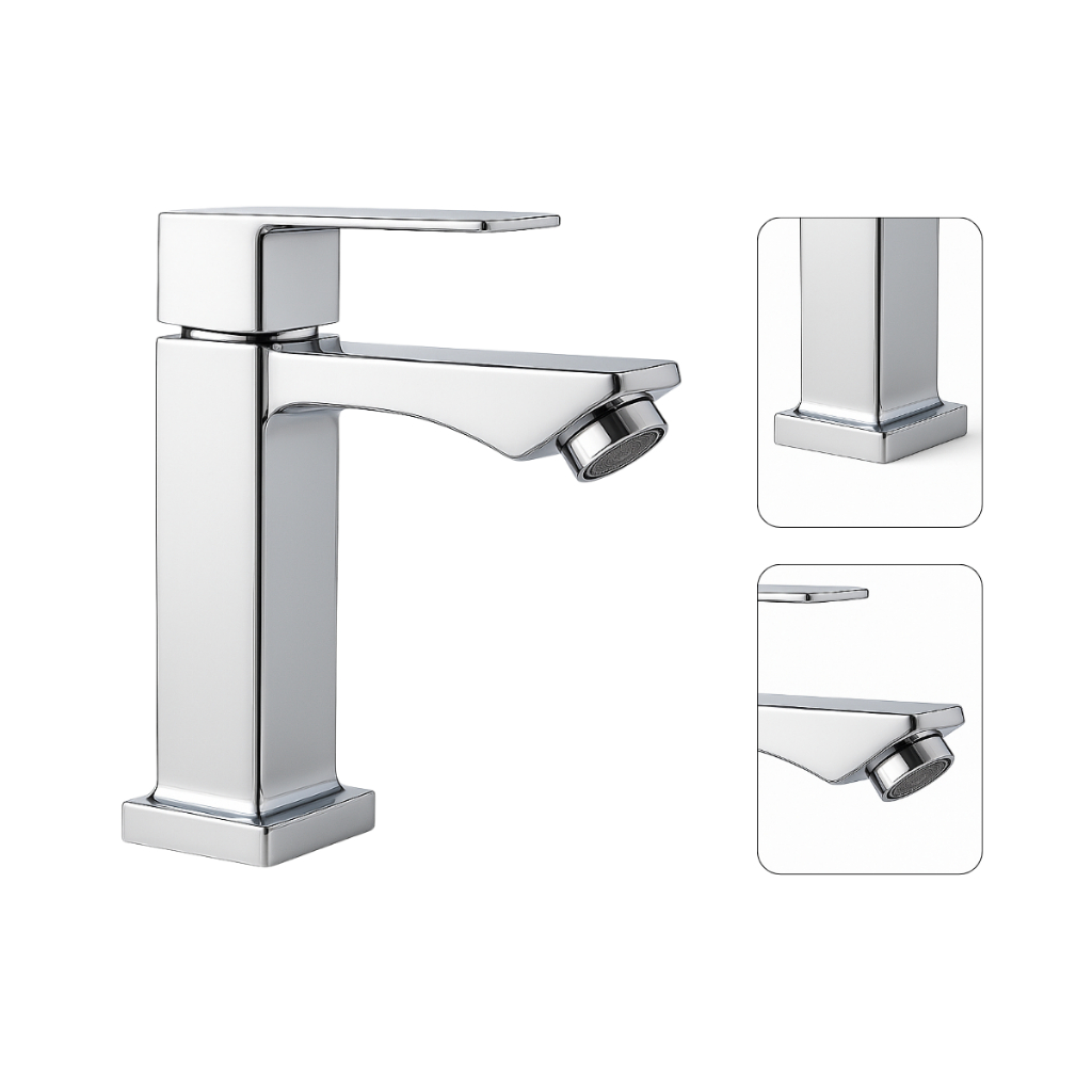 Torneira de Banheiro Metal Cromado Prata Quadrado Moderno Luxo Minimalista 1/4 V