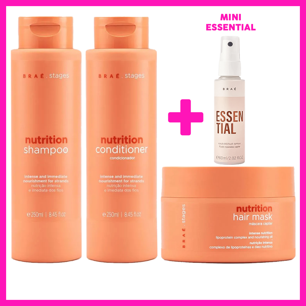 Braé Stages Nutrition Shampoo + Condicionador + Máscara + Essential 60ml (4 Produtos)