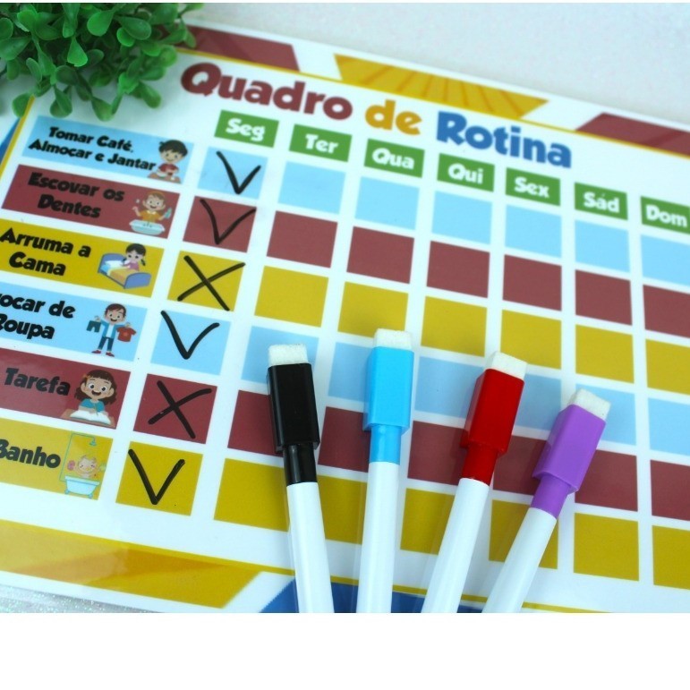 QUADRO ROTINA EDUCATIVO E INTERATIVO COM CANETINHA ESCREVE E APAGA SEMANAL DA CRIANÇA FIXAÇÃO COM IMÃ