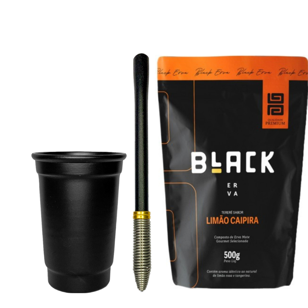 Kit Terere Completo Preto: Copo Alumínio 330ml + Bomba Inox Mola Cônica + Erva Mate Black Erva 500g