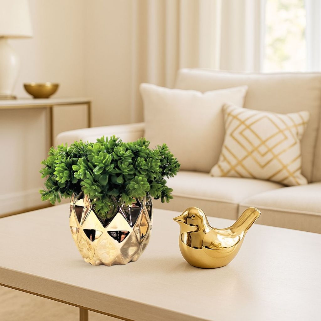 Conjunto Decoração Vasinho Cachepo E Pássaro Dourado