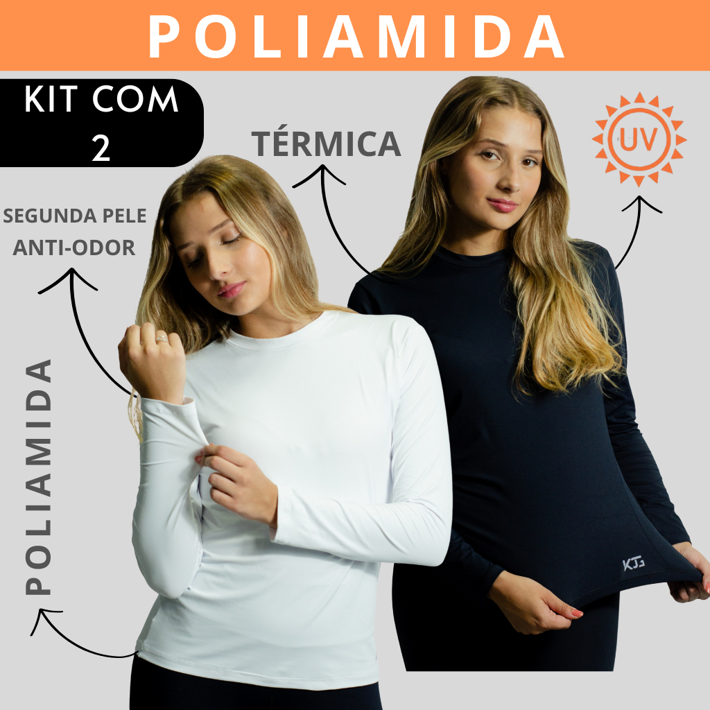 Kit 2 Camiseta Poliamida Tecido Gelado Feminina Térmica Manga Longa Anti Odor Proteção Uv50+ Inverno
