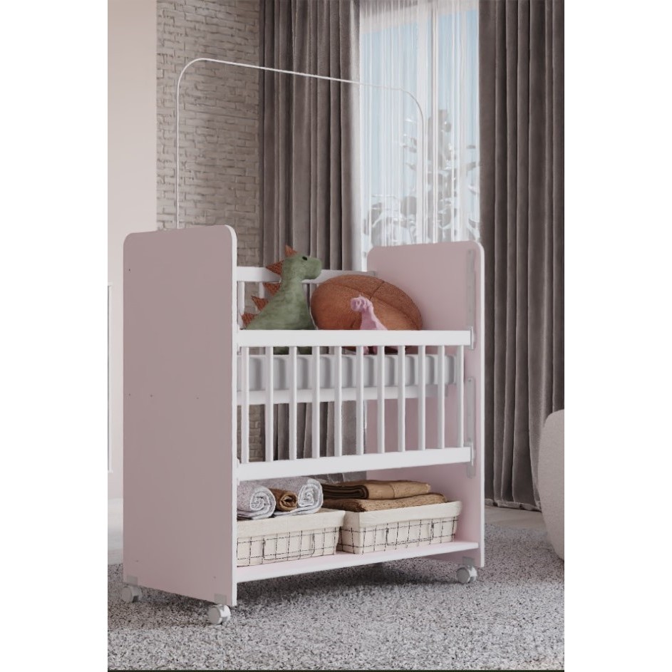 Mini Berço BedSide Rosa com Branco Com Grade Móvel e Colchão